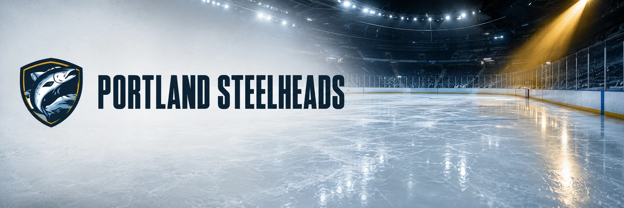 Portland Steelheads — the team crest beside an ice-blue arena, gold light on the glass.