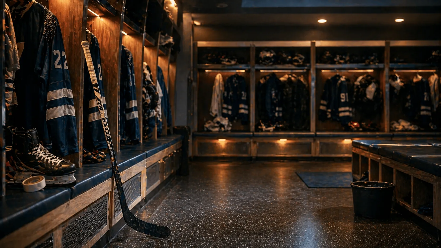 A dim hockey locker room — navy jerseys in wooden stalls, a taped stick against the bench, warm under-shelf light.