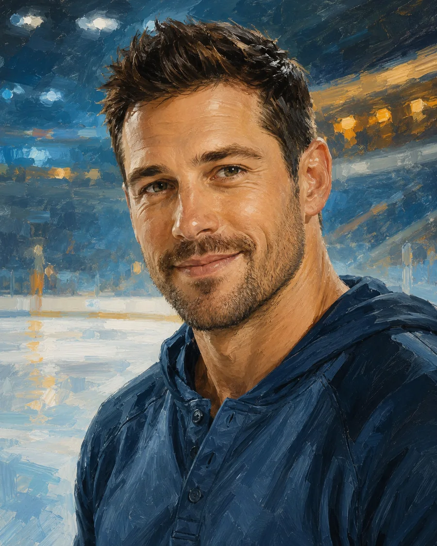 Warm illustrated portrait of author Kellan Rourke at a rink.