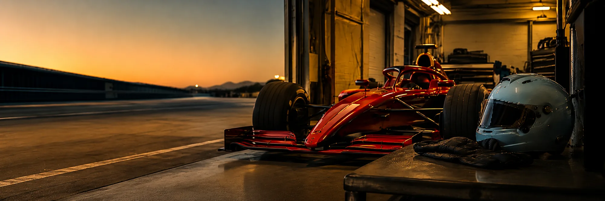 A racing garage behind the scenes — a car under work lights, crew silhouettes against the pit glow.